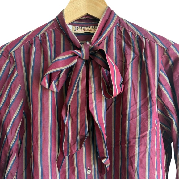 Vintage 80s Justin Lee Limited 100% Silk Bow Tie Blouse Burgundy Stripe Size 8 - Picture 3 of 8